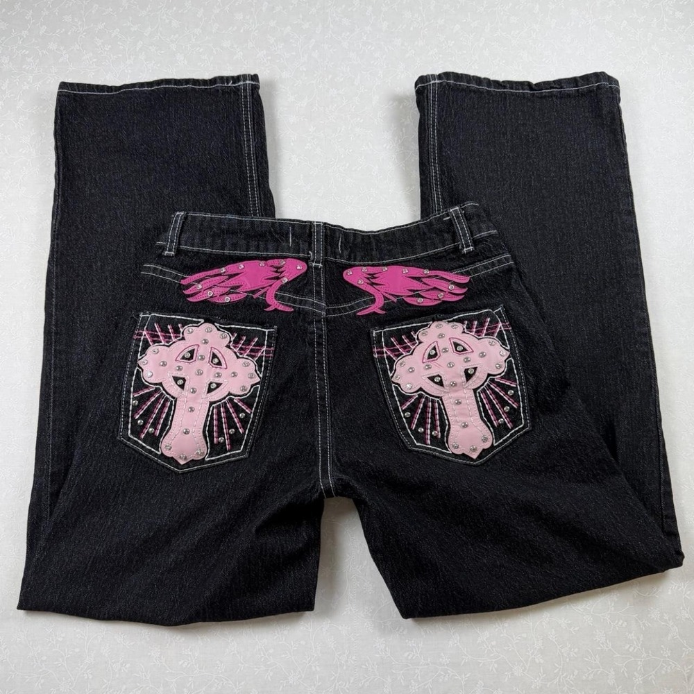 Grunge Disclosure Pink Cross Rhinestone Black Jeans — Size 26"